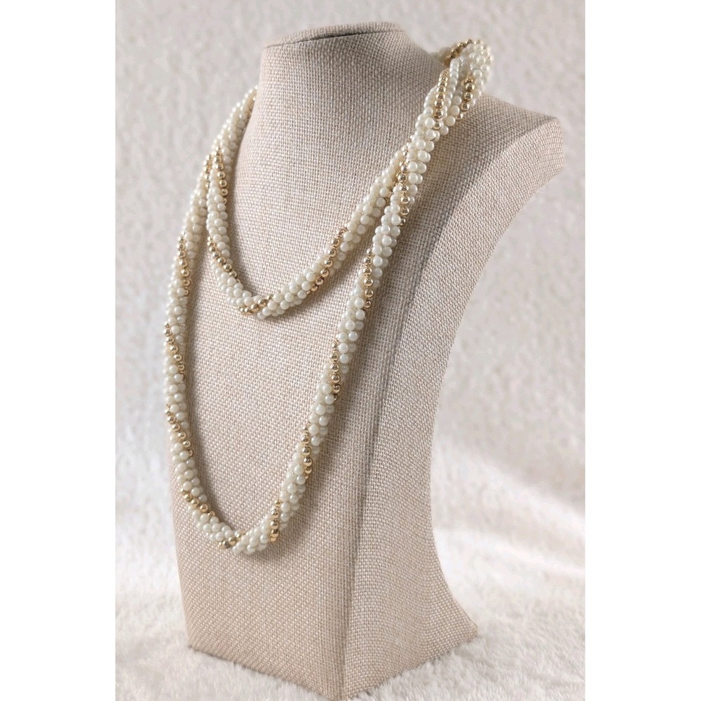 Faux Pearl Necklace Gold Tone Beaded Multi Strand Long‎ Layered Classic
